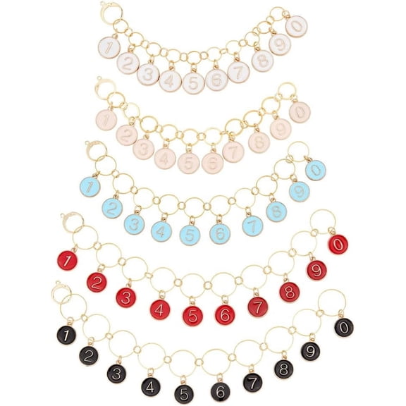 5 Pcs 5 Styles Alloy Enamel Number 0~9 Knitting Row Counter Chain Brass Link Knitting Row Counter Stitch Markers Row Counting for Knitting Weaving Sewing Accessories Colorful DIY