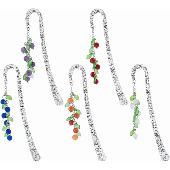 5 Pcs 5 Styles Beaded Bookmarks Metal Hook Bookmark with Charm Tibetan Style Stainless Steel Bookmarks