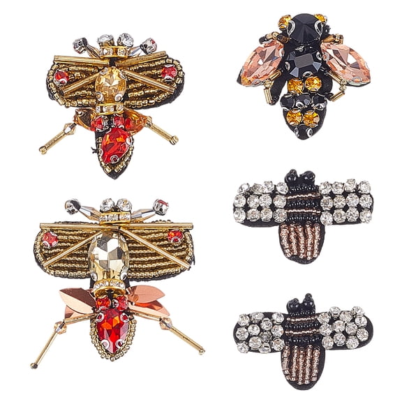 5 Pcs 5 Styles Bees Beaded Patches Embroidered Badge Patch Rhinestone Sew On Patches Handmade Insect Bead Applique DIY Decorative Charm