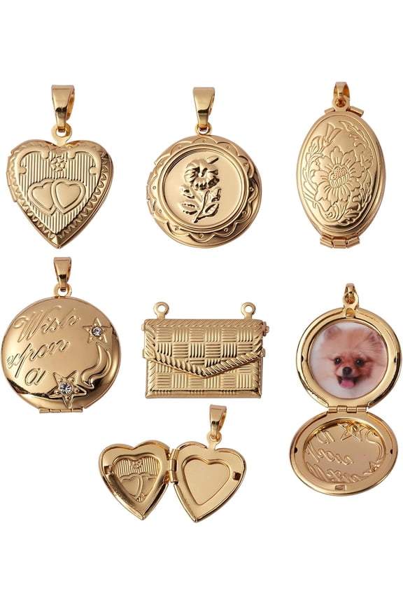 5 Pcs 5 Styles Brass Locket Pendants Photo Frame Charm for Necklace Heart Photo Frame Charm Pendants for DIY Memorial Necklace Making DIY