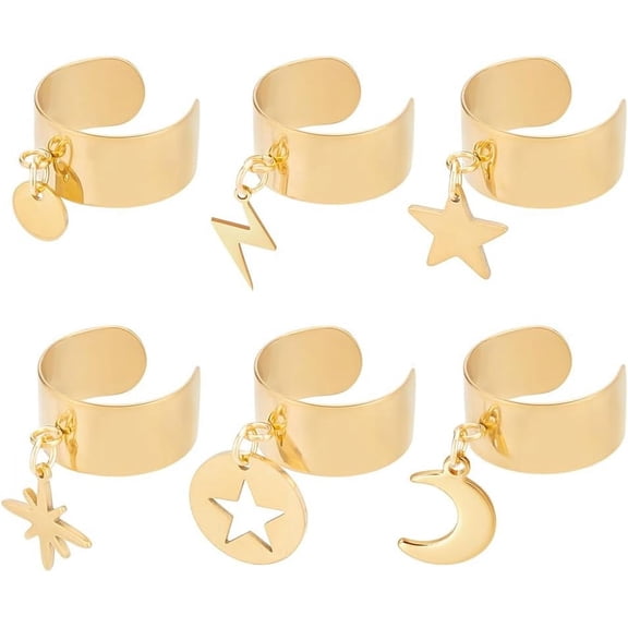 5 Pcs 5 Styles Charm Ring Stainless Steel Ring Star Bolt Lightning Pendants Ring Adjustable Rings Women's Ring Golden Open Cuff Finger Ring Components Jewelry Gifts for AnniversaryGolden