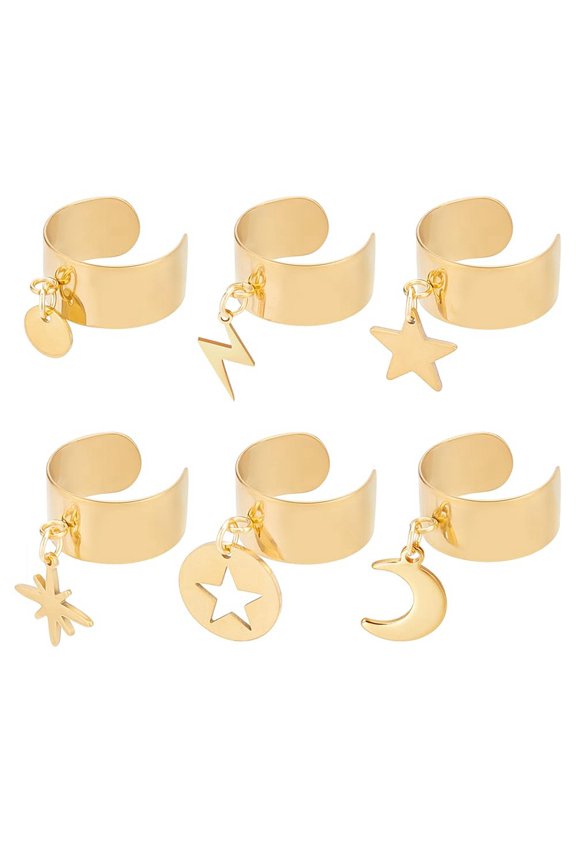 5 Pcs 5 Styles Charm Ring Stainless Steel Ring Star Bolt Lightning Pendants Ring Adjustable Rings Women's Ring Golden Open Cuff Finger Ring