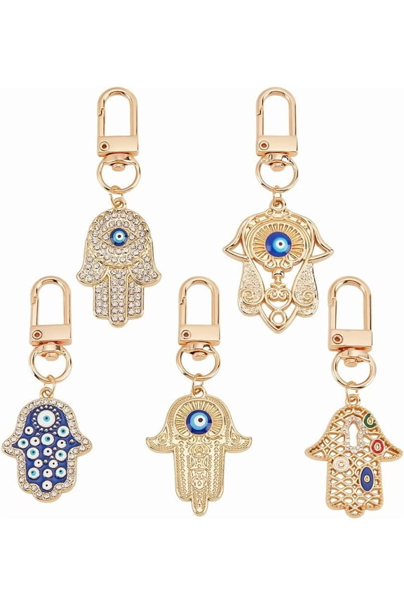 5 Pcs 5 Styles Hamsa Hand Evil Eye Keychains Hand Protection Charm Key Holder Evil Eye Charm Pendants Lucky Charms Keyring