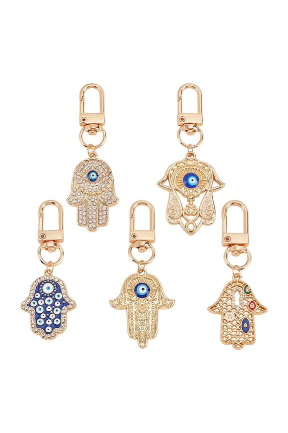 5 Pcs 5 Styles Hamsa Hand Keychains Hand Protection Charm Key Holder Charm Pendants Lucky Charms Keyring for Gift Keys Bag Accessory Ornaments DIY