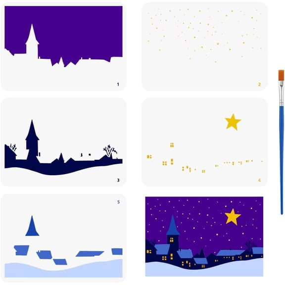 5 Pcs 5 Styles Layered House Starry Sky Snow Scene Painting Template with Brush 11.6x8.2inch Night Starry Sky Theme Stencil Star Template Crafts Drawing Templates for Painting Home
