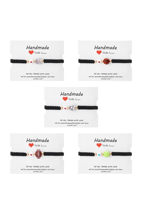 5 Pcs 5 Styles Sport Theme Bracelets Adjustable Woven Basketball Rugby Volleyball Football Tennis Bracelets Friendship Acrylic Sport Bracelet DIY