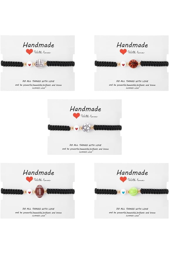 5 Pcs 5 Styles Sport Theme Bracelets Adjustable Woven Basketball Rugby Volleyball Football Tennis Bracelets Friendship Acrylic Sport Bracelet