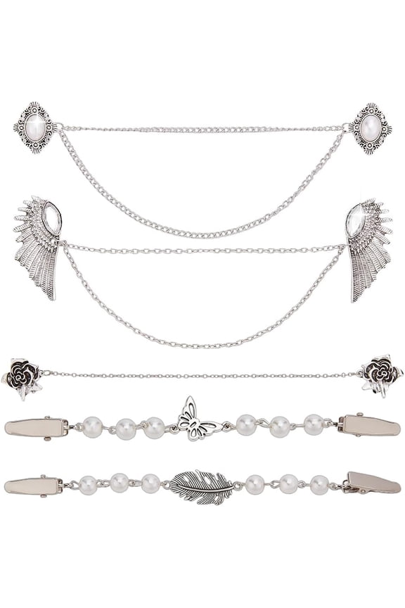 5 Pcs 5 Styles Vintage Sweater Shawl Clips Pearl Butterfly Wing Flower Cloak Clasp Retro Cardigan Clips Shirt Collar Brooch Waist Clip