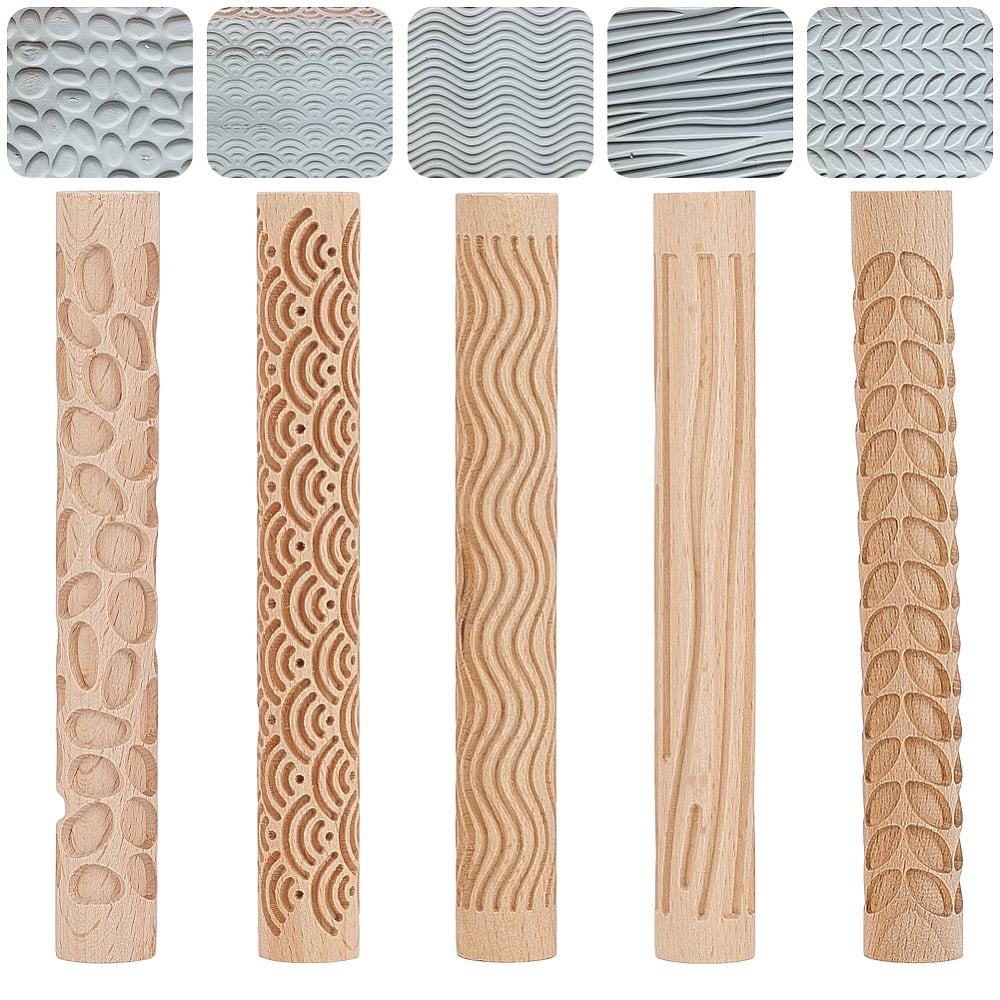 5 Pcs 5 Styles Wooden Handle Pottery Tools Sea Wave Ripple Pattern Emboss Plaid Rollers Clay Modeling Pattern Rollers Kit