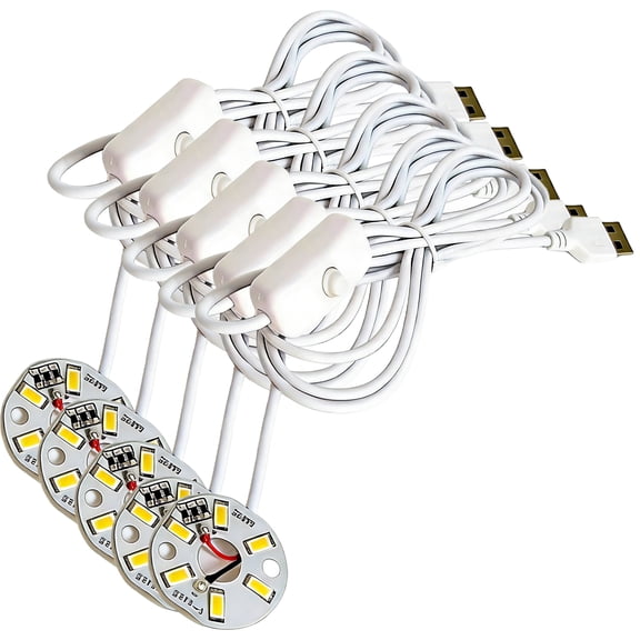 5 Pcs 5V USB Powered LED Lamp Kit, Warm Light LED Light Chip with Switch Line, 3W 5730 Lamp Bead, 1.2 in / 31 mm Diameter, 4.9 ft / 1.5 m Cable, DIY Lighting for Desk Lamps, Home Decor