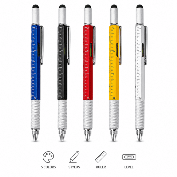 5-Pcs 6-in-1 Multitool Pens, Ballpoint Pen with Stylus, Ruler, Level and Screwdrivers, 5 Colors