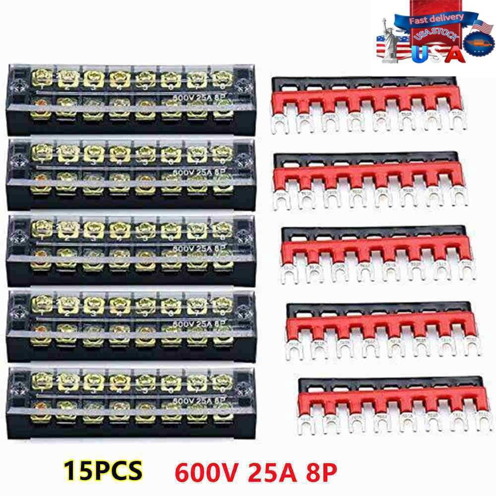 5 Pcs 600V 25A 8P Dual Row Barrier Terminal Block + 10 x Terminal Stripes