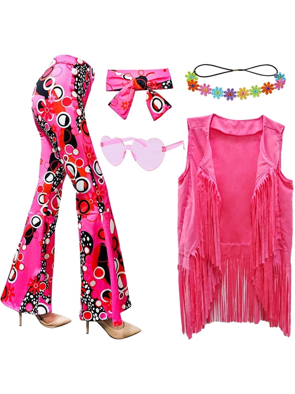 5 Pcs 60s 70s Hippie Costume Disco Outfits Fringe Vest Boho Bell Bottoms Peace Accessories Set Halloween for Women