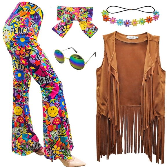 5 Pcs 60s 70s Hippie Costume Disco Outfits Fringe Vest Boho Bell Bottoms Peace Accessories Set Halloween for Women