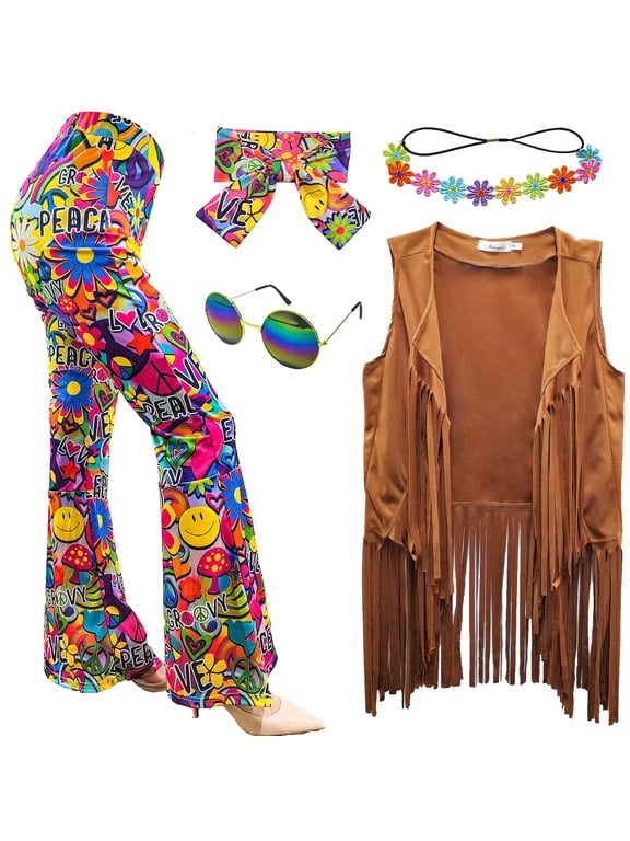 5 Pcs 60s 70s Hippie Costume Disco Outfits Fringe Vest Boho Bell Bottoms Peace Accessories Set Halloween for Women
