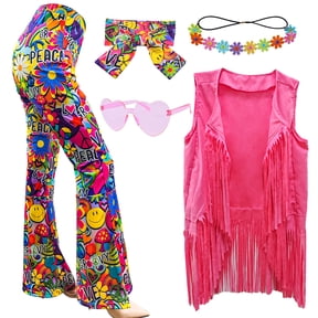 5 Pcs 60s 70s Hippie Costume Disco Outfits Fringe Vest Boho Bell Bottoms Peace Accessories Set Halloween for Women