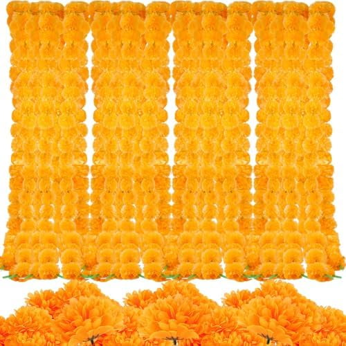 5-Pcs 9.35 Ft Marigold Garland - 3.9 Inch Artificial Faux Silk Orange Marigold Flower Heads Bulk for Diwali & Day of The Dead Decor$$Home Decor, Kitchen, & Other