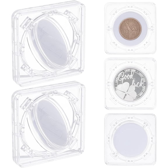 5 Pcs Acrylic Square Coin Display Stand 2.4x2.4inch Square Coin Stands with 1 & 1.57 inch Diameter Round Rotatable Foam Lining Coin Holder Clear Coin Container for Challenge Coin Clear