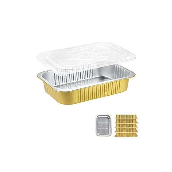 5 Pcs of Aluminum Foil Loaf Pans with Lids, Gold Disposable Foil Containers with Clear Plastic Covers, 35.5 fl oz / 1050 ml Large Capacity, Microwave and Flame Safe, Great for BBQ Picnics