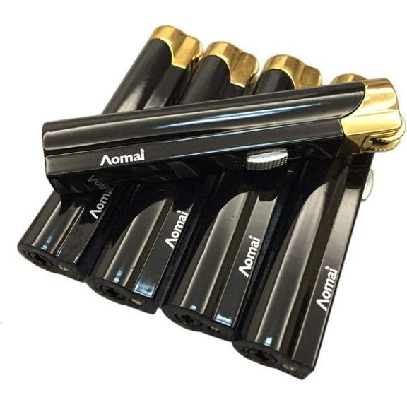 5 Pcs Aomai Slim Metal Jet Torch Flame Lighter Grinding Flint Butane Gas Windproof Cigarette Lighter - Black