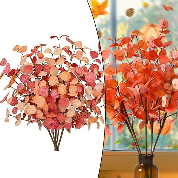 5 Pcs Artificial Eucalyptus Stems Fall Stems Tall Silver Dollar Eucalyptus Leaves Fake Silk Eucalyptus Branches Autumn Decorations for Home Wedding Party Thanksgiving Decor(Orange)