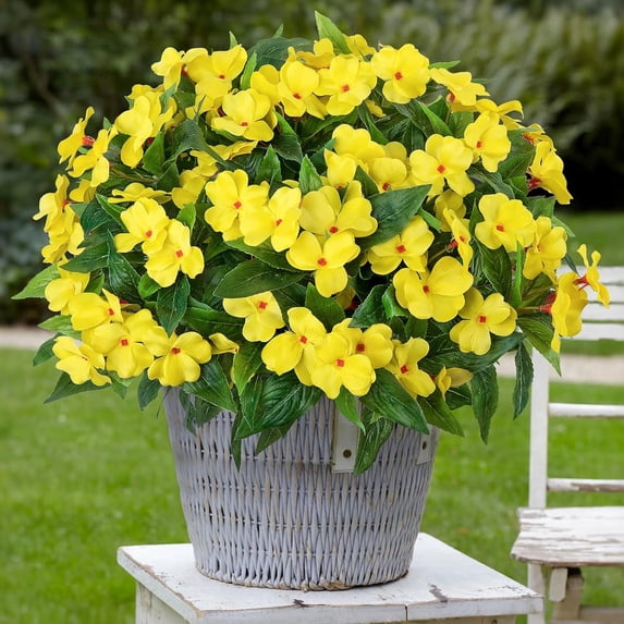 5 Pcs Artificial Flowers for Outdoors Silk Impatiens Flowers Bouquet Decorations Fake Faux Plants UV Resistant for Spring Summer Garden Porch Patio Window Box Balcony Planters Home Decor,Yellow