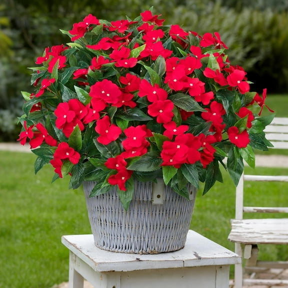5 Pcs Artificial Flowers for Outdoors Silk Impatiens Flowers Bouquet Decorations Fake Faux Plants UV Resistant for Spring Summer Garden Porch Patio Window Box Balcony Planters Home Decor,Red
