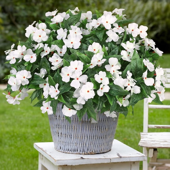 5 Pcs Artificial Flowers for Outdoors Silk Impatiens Flowers Bouquet Decorations Fake Faux Plants UV Resistant for Spring Summer Garden Porch Patio Window Box Balcony Planters Home Decor,White