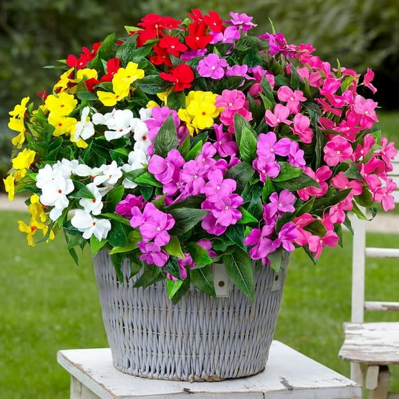 5 Pcs Artificial Flowers for Outdoors Silk Impatiens Flowers Bouquet Decorations Fake Faux Plants UV Resistant for Spring Summer Garden Porch Patio Window Box Balcony Planters Home Decor,Multicolor