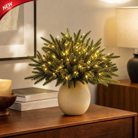 5 Pcs Artificial Norfolk Pine Branches with Warm Fairy Lights, Faux Pine Needle Stems for DIY Vase Arrangement, Greenery Picks for Indoor Table Mantel Decor, Christmas Decorations for Winter Display