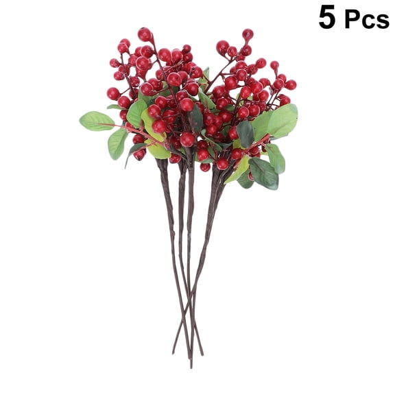 Set of 5 Artificial Red Berry Flowers with Blueberry Garland, Realistic Decoration for Office and Home