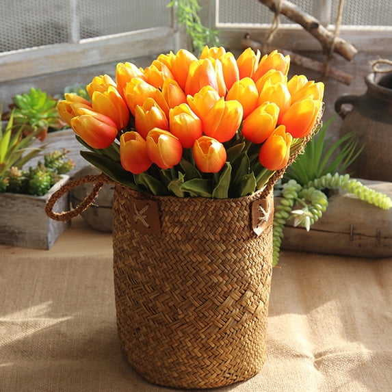 5 Pcs Artificial Tulips Flowers Orange Real Touch Fake Latex Tulips Flowers for Mother's Day 14" Faux Tulips Faux Flowers for Vase Centerpieces Home Wedding Bouquet
