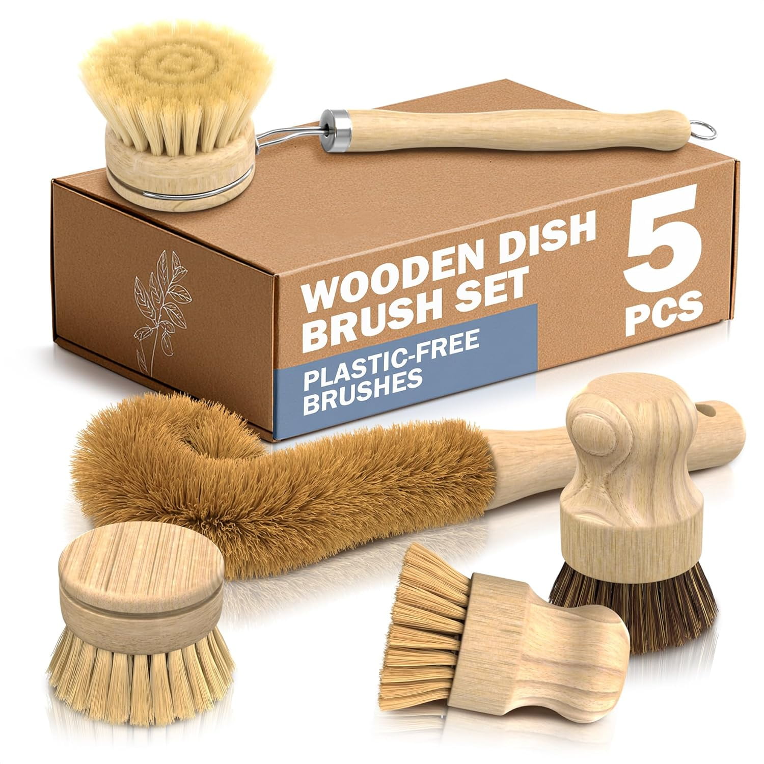 5 Pcs Bamboo Dish Brush Set – Scrubber with Soft & Stiff Non-Scratch Bristles Ergonomic Handle Replacement Head Included Lightweight Kitchen for Pots Bottles Vegetables