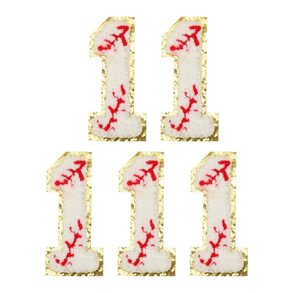 5 Pcs Baseball Number Patches Iron on, 2.76"x1.26" Chenille Number 1 Patches Golden Glitter Embroidered (White)