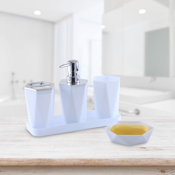 5 Pcs Bathroom Accessory Set with Soap Dispenser Pump, Toothbrush, Tumbler and Soap Dish, Bathroom Tray Shower Set Boxes, Bathroom Bottle Set, Sturdy, Durables and Easys to Clean(White)