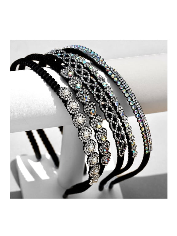 5 Pcs Beaded Headband For Women, Fashion Bling Rhinestone Hair Hoop Band Crystal Beaded Headband for Women, Girls Sparkly Beaded Hair Hoops Clear Black Weave Narrow Hair Bands Hair Accessories