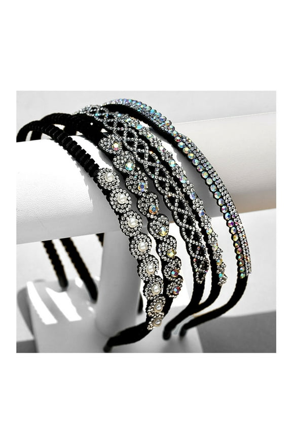 5 Pcs Beaded Headband For Women, Fashion Bling Rhinestone Hair Hoop Band Crystal Beaded Headband for Women, Girls Sparkly Beaded Hair Hoops Clear Black Weave Narrow Hair Bands Hair Accessories