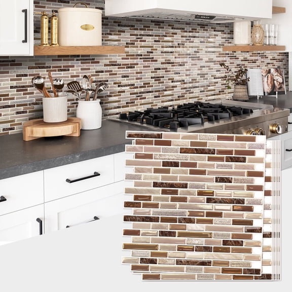 5 Pcs Beige Brown Marbling Tiles Stickers Wall Decals 3D Mosaic Brick Pattern 12" x 12" Self Adhesive Waterproof Peel and Stick Backsplash