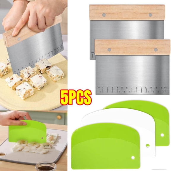 5 Pcs Bench Scraper, Bench scraper kitchen 3 Pcs PP Food Scraper with Hanging Hole and 2 Pcs Stainless Steel Dough Scraper with Wood Handle , Multipurpose Bread Dough Cutter for Baking