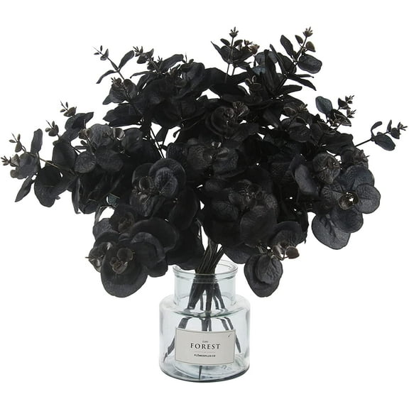 5 Pcs Black Artificial Eucalyptus Stems Faux Eucalyptuses Branches Black Leaf Halloween Centerpiece Halloween Home Decor (Black, 5)