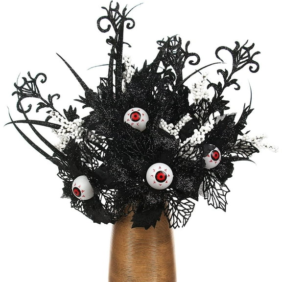 5 Pcs Black Halloween Flowers， 16.5” Glitter Devil's Eyes Sprays Artificial Eyeball Stems for Halloween Home Decoration Table Centerpiece, Halloween Party (5, Black)