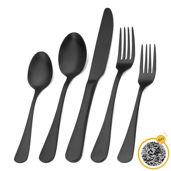 5 Pcs Black Silverware with 10 Pack Disposable Placemats Set, Mirror Polished Flatware Set Stainless Steel Fork Knife Spoon, Food Grade Eating Utensils, Reusable Cutlery Set, Dishwasher Safe