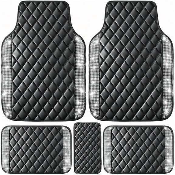 5 Pcs Bling Leather Car Mats Shining Artificial Diamond Floor Mats Crystal Rhinestone Sparkly Glitter Carpet Anti-Slip Waterproof Pad Universal Fit For Automotive SUV, Sedan, Van, Girl Women