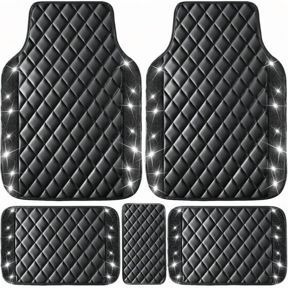 5 Pcs Bling Leather Car Mats Shining Artificial Diamond Floor Mats Crystal Rhinestone Sparkly Glitter Carpet Anti-Slip Waterproof Pad Universal Fit For Automotive SUV, Sedan, Van, Girl Women