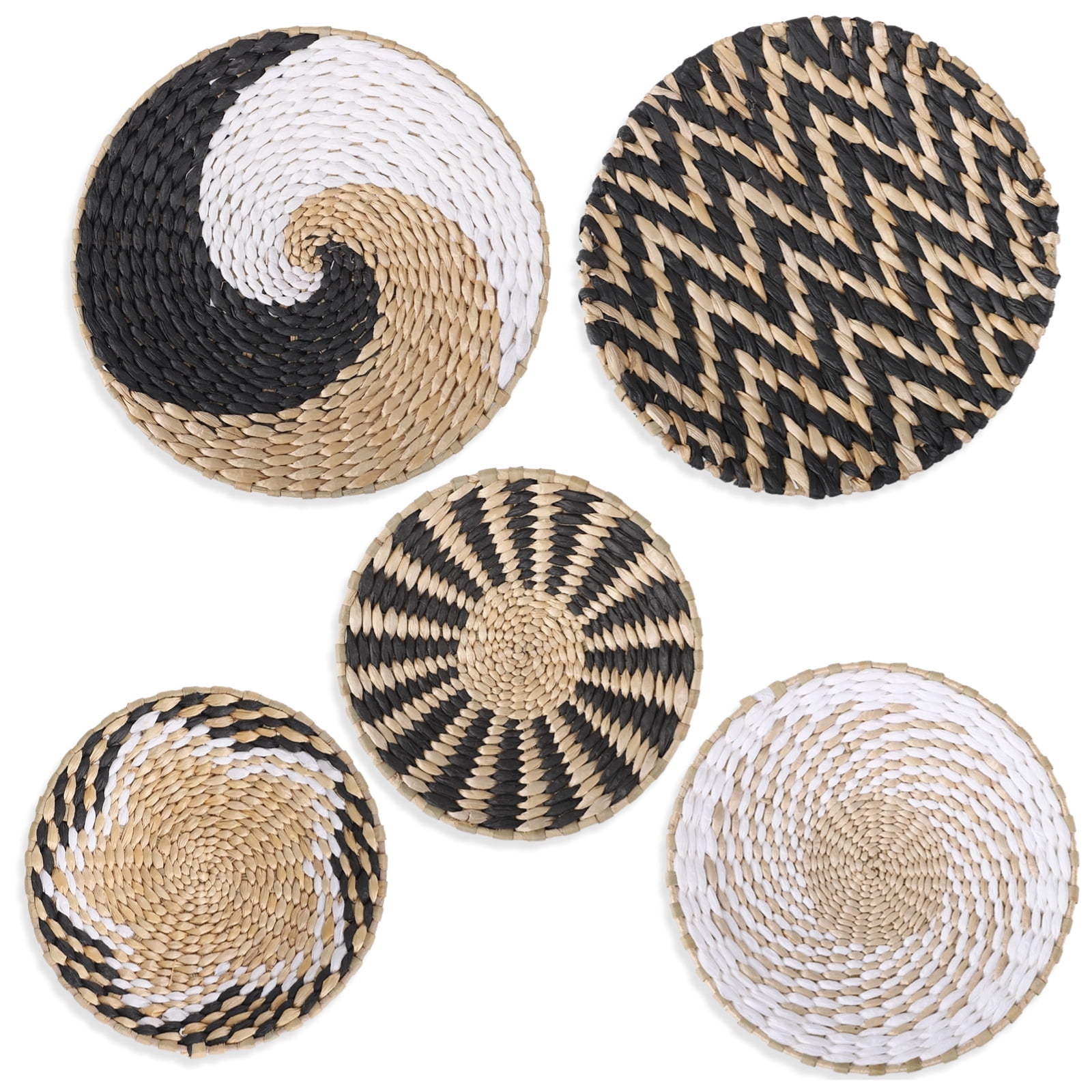 5 Pcs Bohemian Wall Baskets, Art Wicker Wall Decor Set, Handcrafted Woven Rattan Basket Decors, Farmhouse Grass Baskets, Various Sizes and Patterns, Easy Hanging for Home and Office