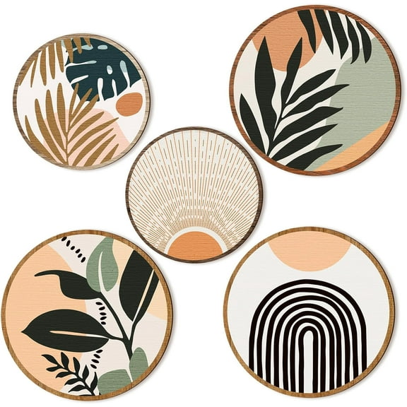 5 Pcs Boho Wall Art Decor Wooden Living Room Wall Decor Bohemian Wall Hanging Decor Farmhouse Geometric Hanging Decor 10'' and 8'' Aesthetic Wood Minimalist Wall Art for Apartment Bedroom (Boho, Leaf)