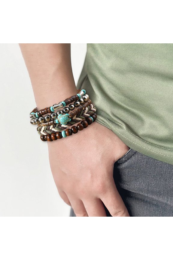 5 Pcs Braided Bracelet Set Different Shapes Weaving Wooden Bead Decor Turtle Pendant Bohemian Style Faux Turquoise Stone Stone Bracelet Wrist Jewelry -multicolor