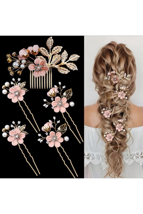 5 Pcs Bridal Flower Wedding Hair Pins Crystal Pearl Hair Clips Headpiece Gold Wedding Hair Accessories