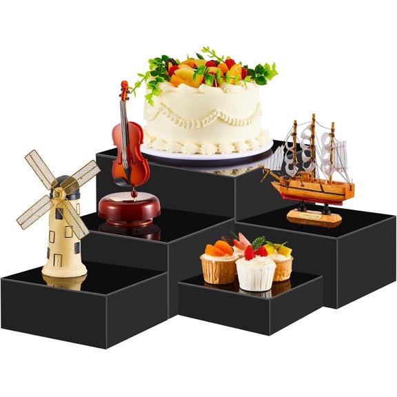 5 Pcs Buffet Risers and Display Stand 6" 7" 8" 9" 10" Large Acrylic Dessert Cupcake Table Stand Set Black Food Display Cube for Jewelry Figures Show Decor, Box Nesting Riser with Hollow Bottom