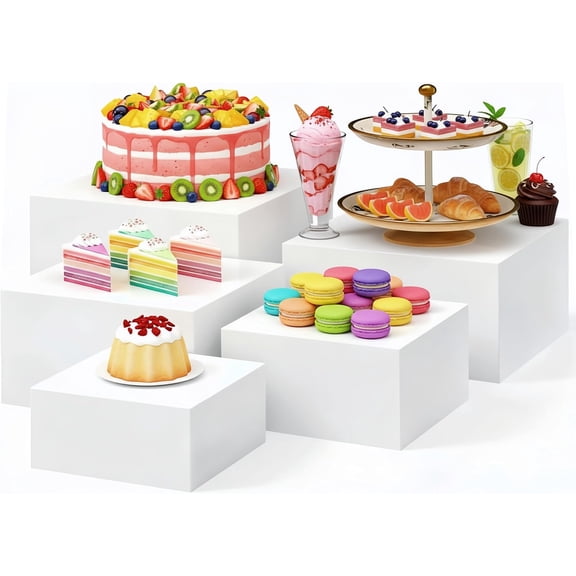 5 Pcs Buffet Risers and Display Stand 6" 7" 8" 9" 10" Large Acrylic Dessert Cupcake Table Stand Set White Food Display Cube for Jewelry Figures Show Decor, Box Nesting Riser with Hollow Bottom